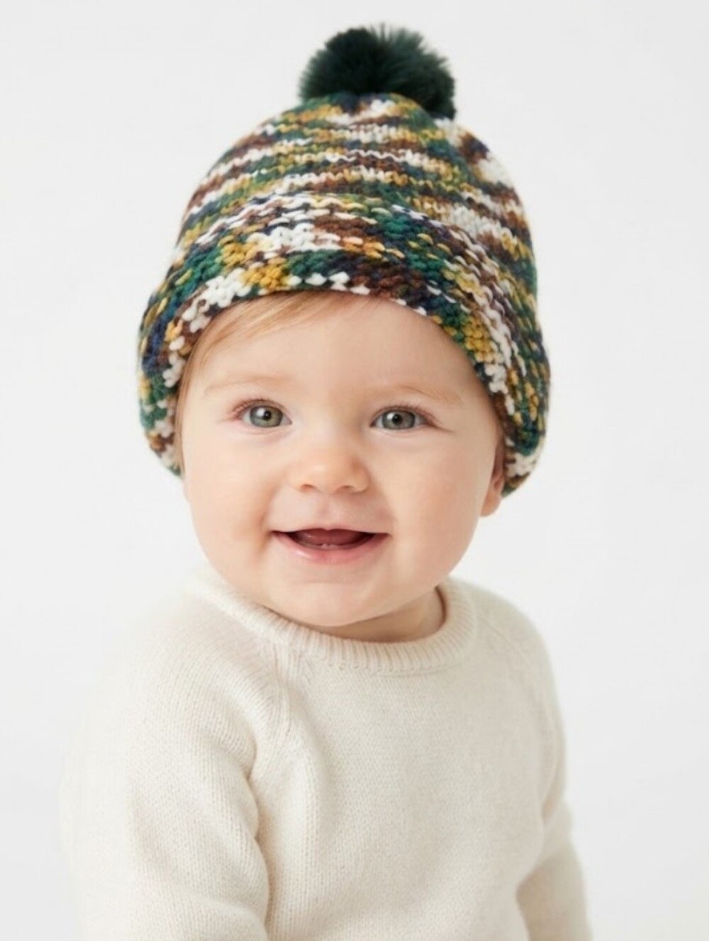 Handmade Crochet Baby Beanie Fall Hat Multicolor Pom Pom Green Cuff Cozy